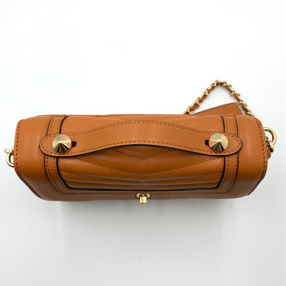 Chic brown/tan top handle trendy quilted shoulder crossbody bag gold-tone chain - Picture 7 of 13